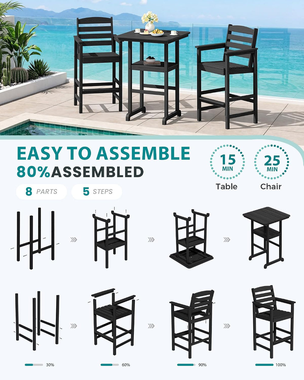 SERWALL 3 Pcs HDPE Bar Height Chairs and Double Layer Pub Table Set, Black