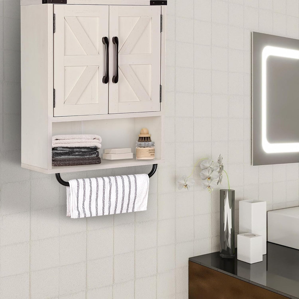 RUSTOWN Farmhouse Wall Storage Cabinet with 2 Barn Door & Towel Rack