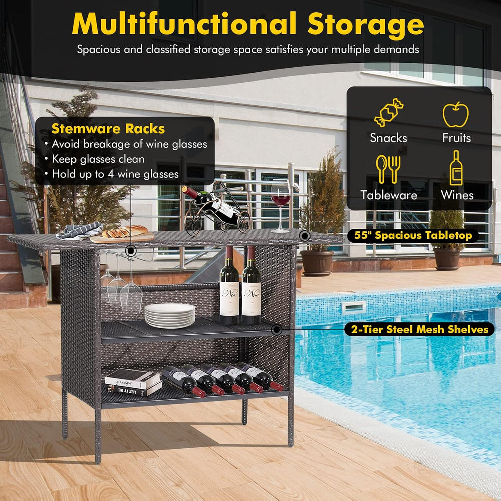 GIANTEX Outdoor Patio Wicker Bar Table, 2 Storage Shelves, 55''W Tabl...