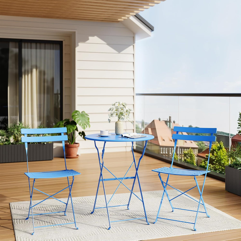 Bistro Table and Chairs Set of 2, 3 Piece Folding Patio Bistro Set, Blue