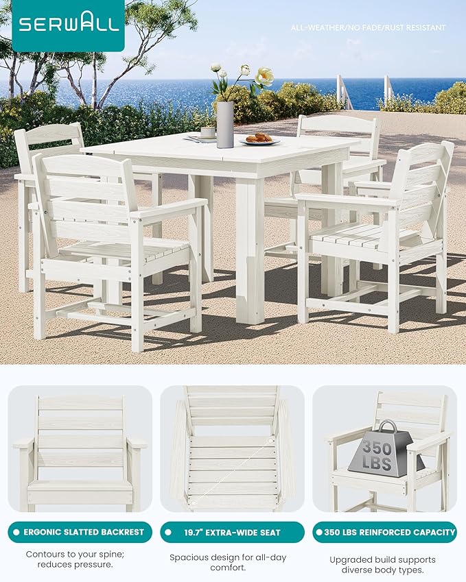 SERWALL Outdoor Dining Set for 4, HDPE Square Table and Chairs Set All Weathe...