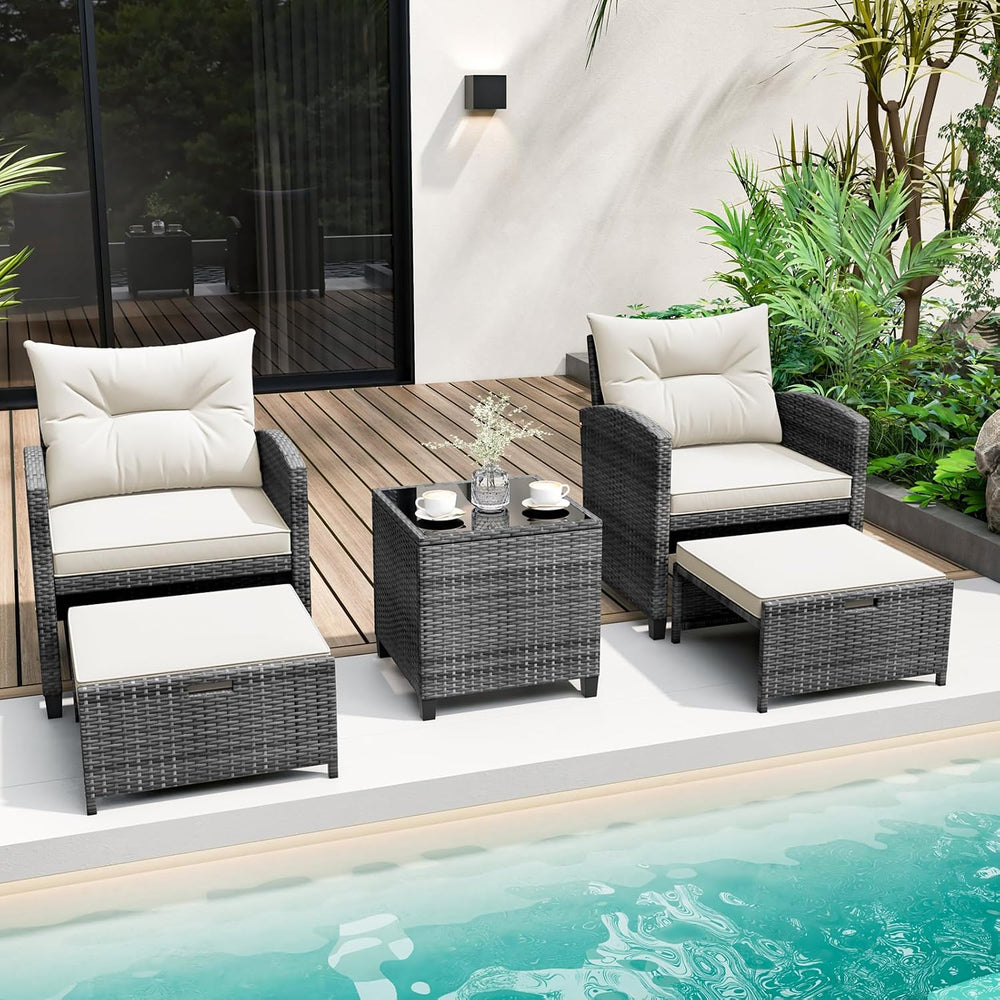 KOTEK 5 Pieces Patio Furniture Set with Ottomans, Wicker Patio Conversation S...