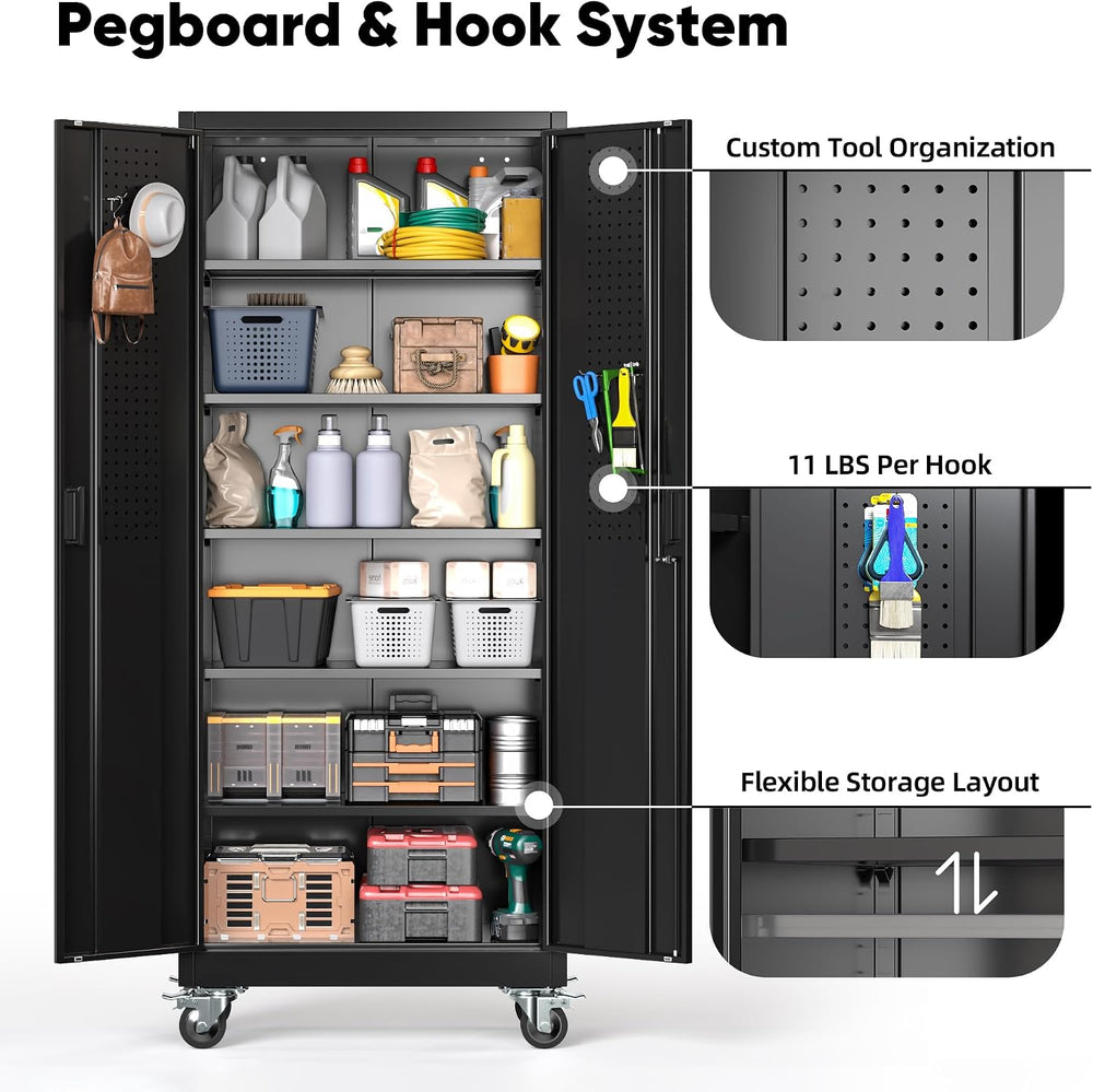 Aobabo 71" Metal Storage Cabinet with Wheels, 5 Shelves & Pegboards,...