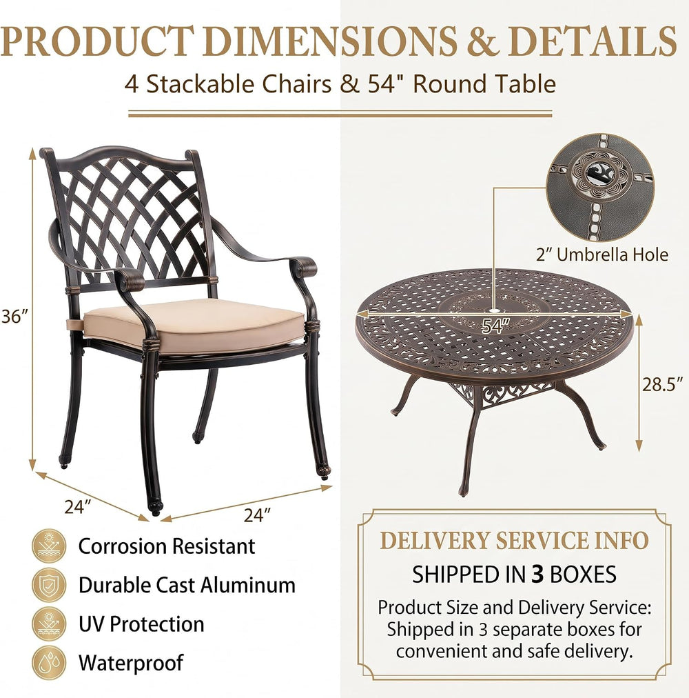 5-Pcs Cast Aluminum Patio Dining Set for 4, 54" Round Table,Bronze