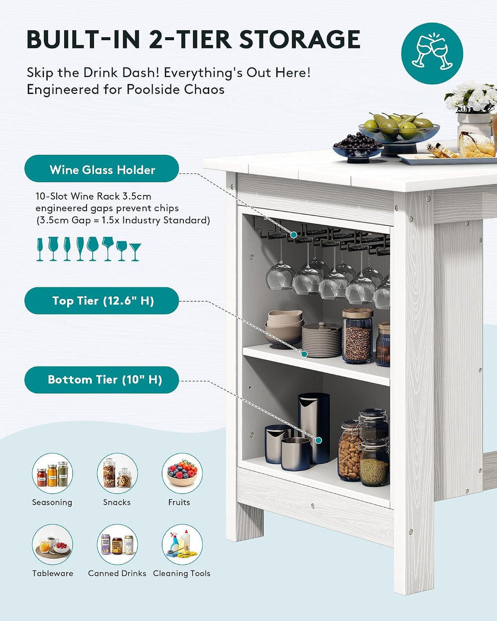 SERWALL Outdoor HDPE Counter-Height Bar Table with Storage Rack, White