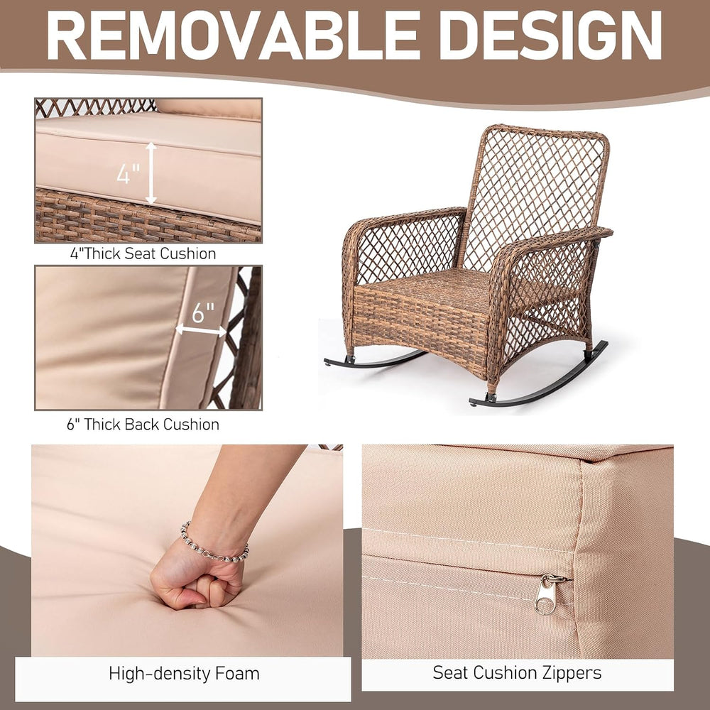 Wicker Rocking Chair, Rattan Patio Rocker with Cushion, Beige