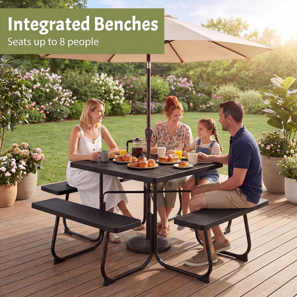 GYMAX Picnic Table Bench with Umbrella Hole, 8 Person Square Outdoor Picnic T...