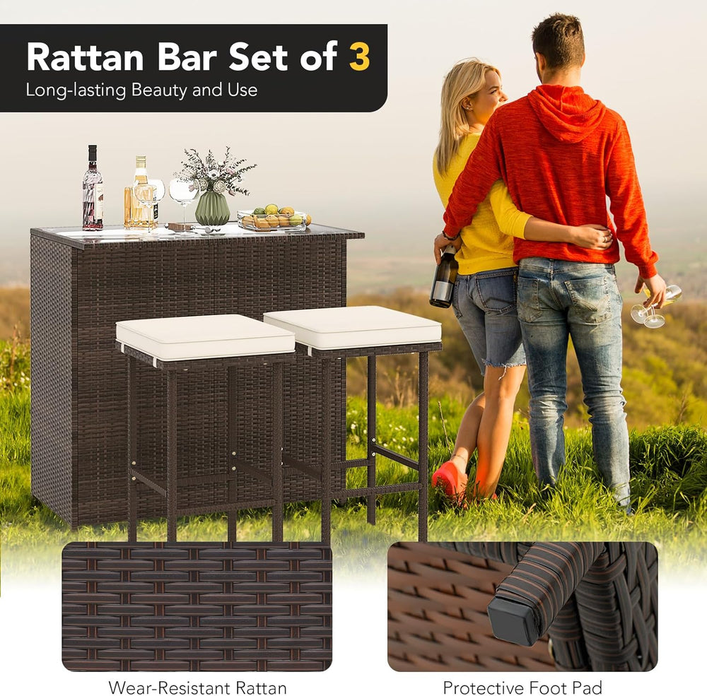 Tangkula Patio Bar Set, 3 Piece Outdoor Rattan Wicker Bar Set with 2 Cushions...