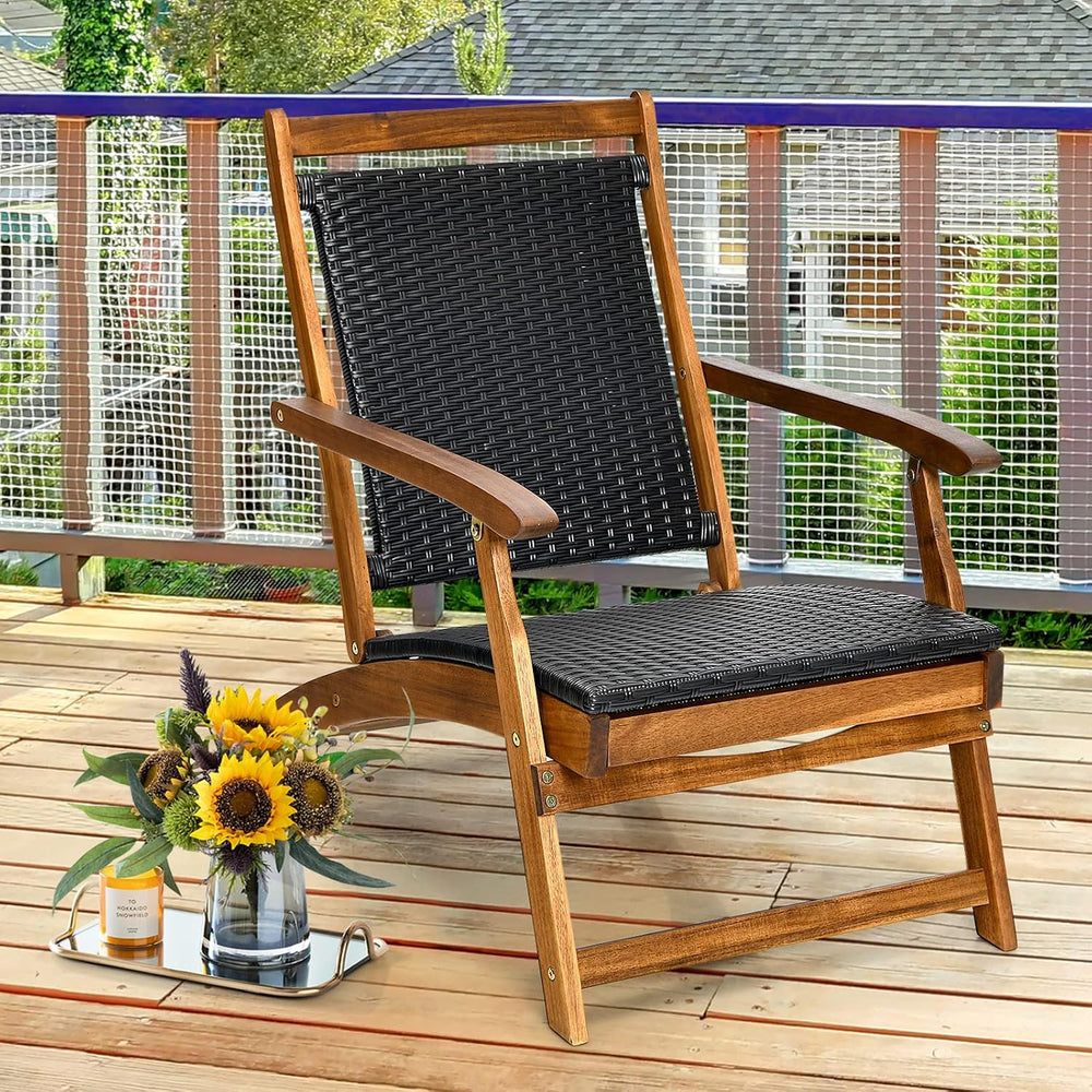 COSTWAY Patio Folding Rattan Lounge Chair, Acacia Solid Wood Frame