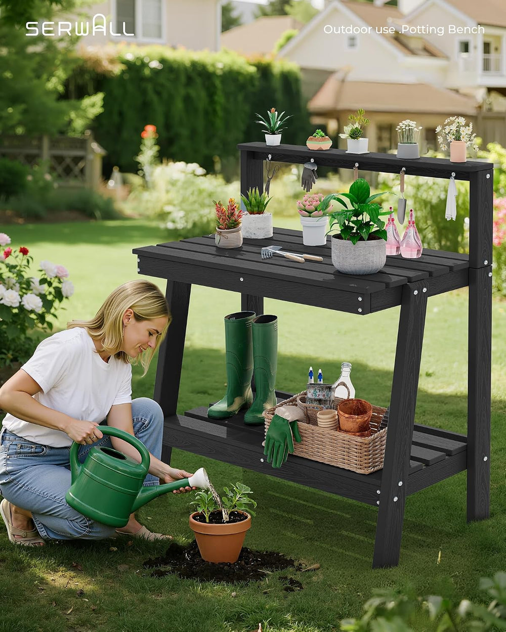 SERWALL 3-Tier Outdoor Potting Bench with Storage,Gardening Table,Black