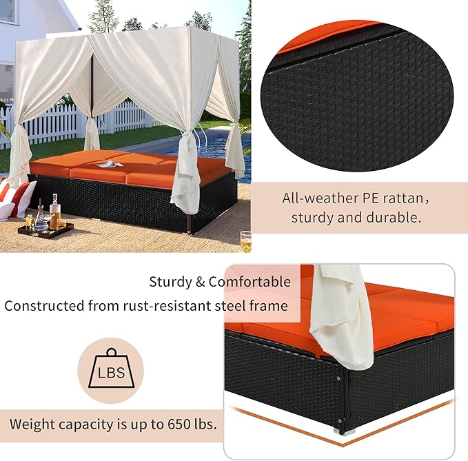 Patio Chaise Lounge, PE Rattan Outdoor Patio Wicker Sunbed Daybed with Adjust...