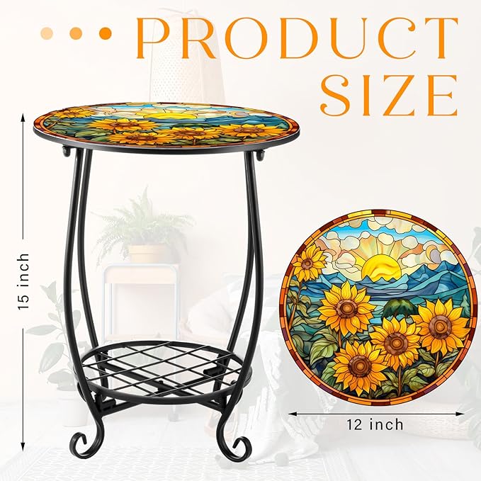 Outdoor Side Table Round Small Mosaic Patio Accent Indoor End Plant Coffee Te...