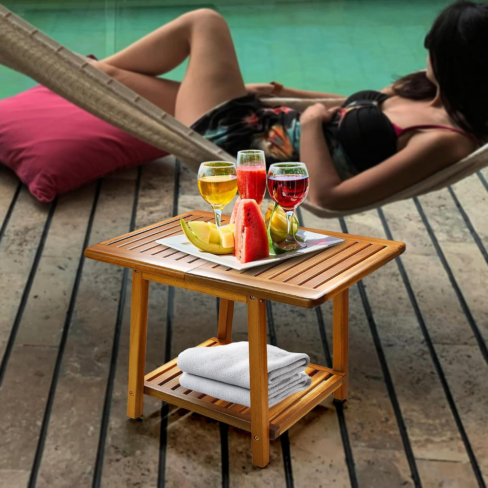 ENKEZI Acacia 24 Inches Outdoor Side Table, 2-Tier Sturdy Patio, End Table We...
