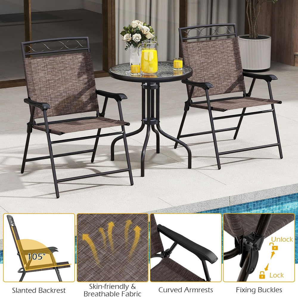 HAPPYGRILL 3 Pieces Patio Dining Set with Round Glass Table, Folding Chairs, ...