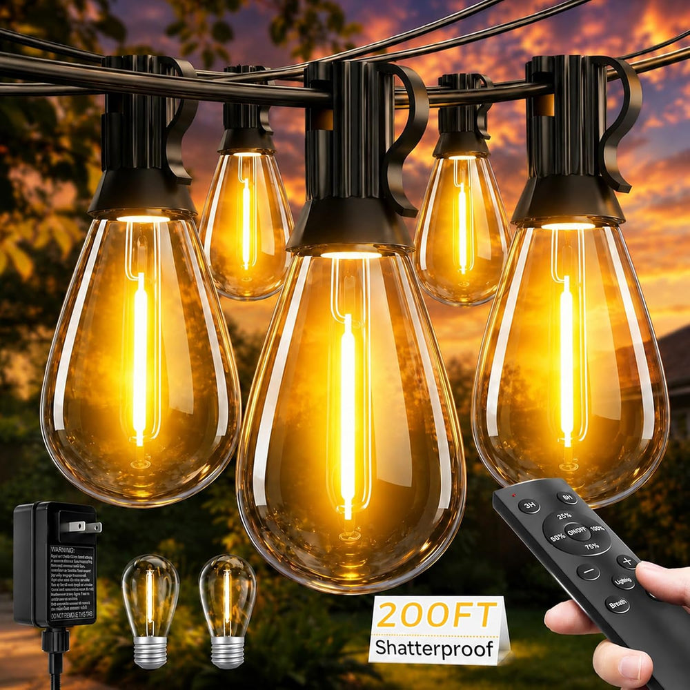 Tenmiro 200FT LED Outdoor String Lights with Remote, 72+2 Shatterproof Bulbs ...