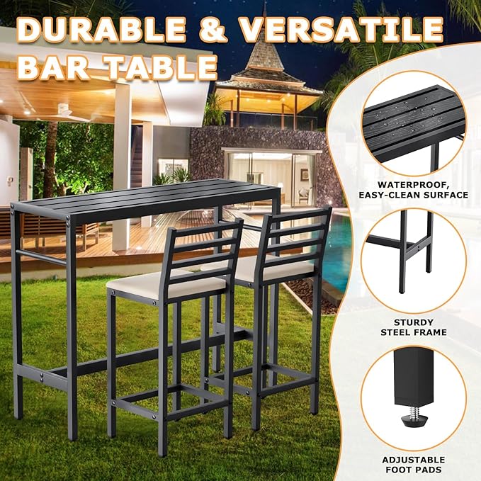 Outdoor Patio Bar Set 3 Piece,50" Rectangular Counter Height High Top Ba...