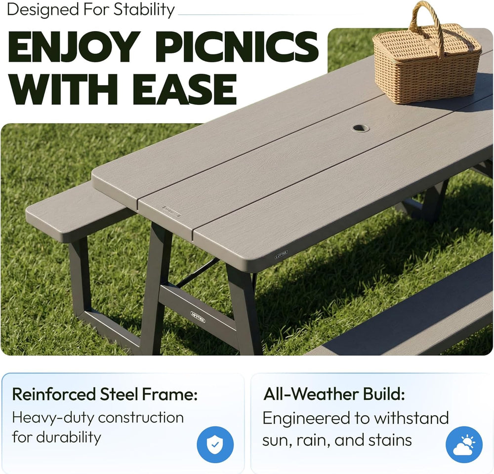 LIFETIME 6-Foot Folding Picnic Table with Benches, Seats 8, Heavy-Duty HDPE T...
