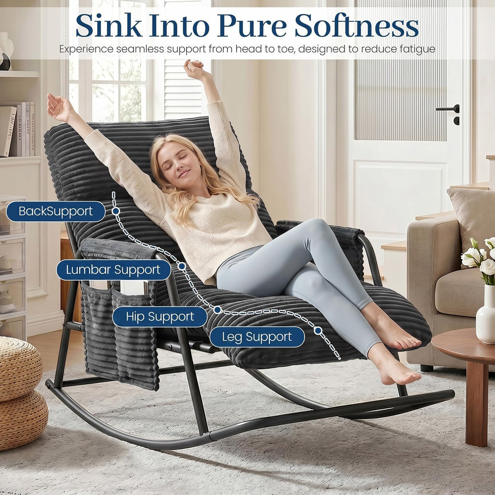 Oversized Corduroy Rocking Chair with Footrest, 3-Level Recliner Gray