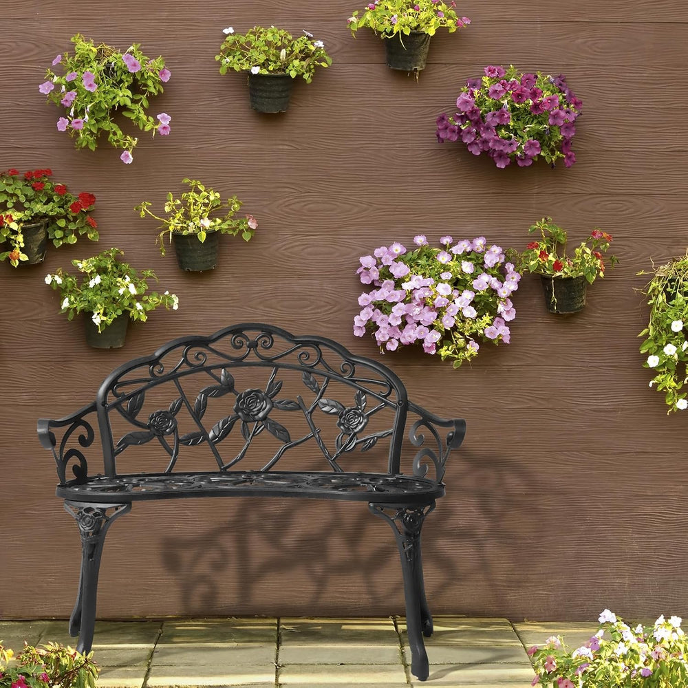 Patio Garden Bench, 38" Cast Aluminum Outdoor Chair Anti-Rust Weather Re...