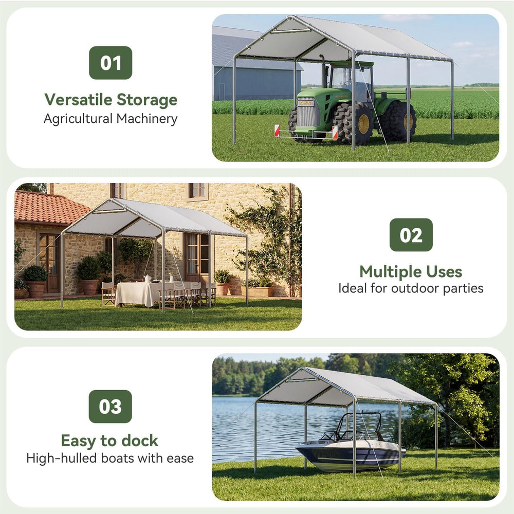 Aoxun 10x15 Carport Heavy Duty Carport Potable Car Canopy Garage, White