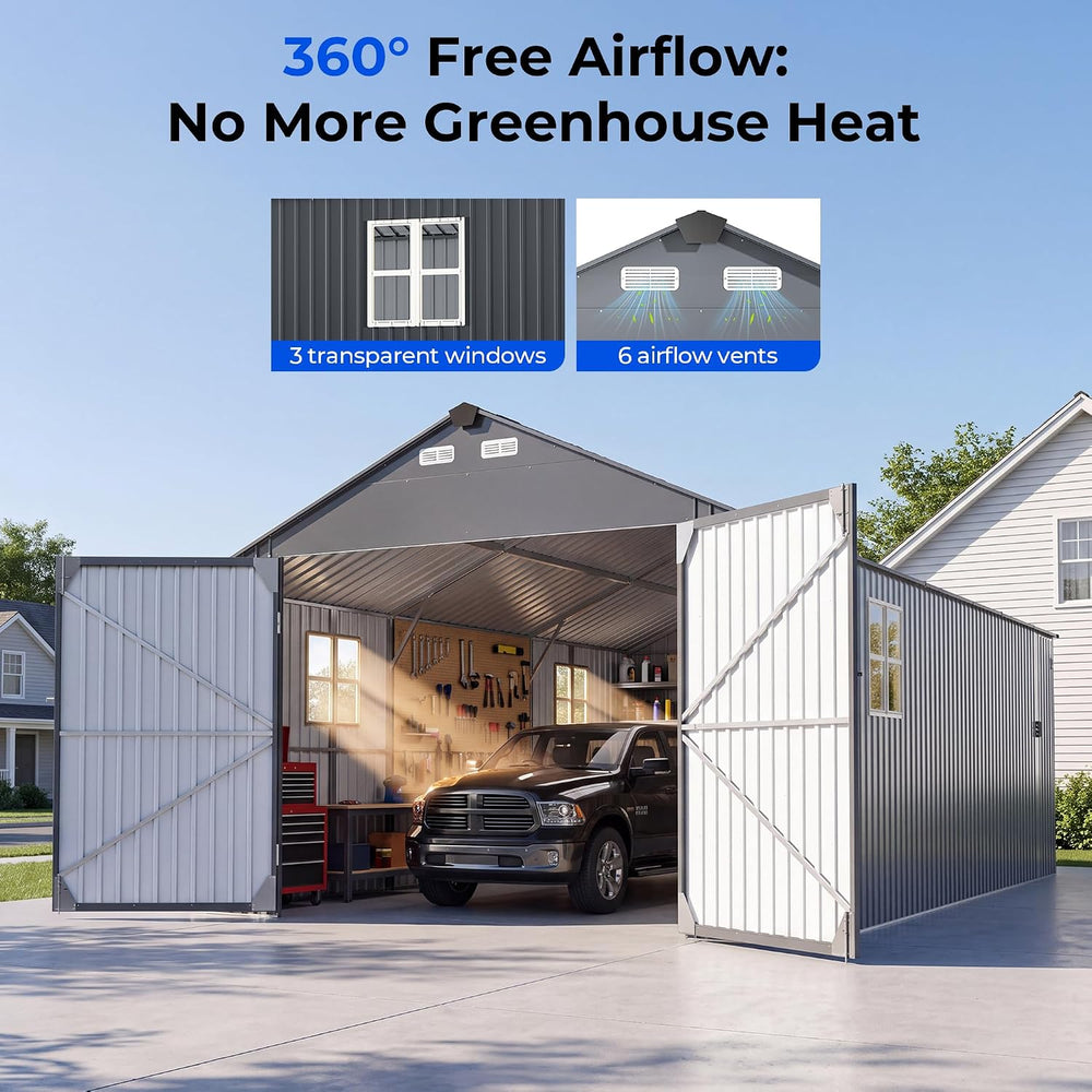 9.5FT Tall Outdoor Metal Garage 13x20FT, Built-In Solar Lights Storage Shed