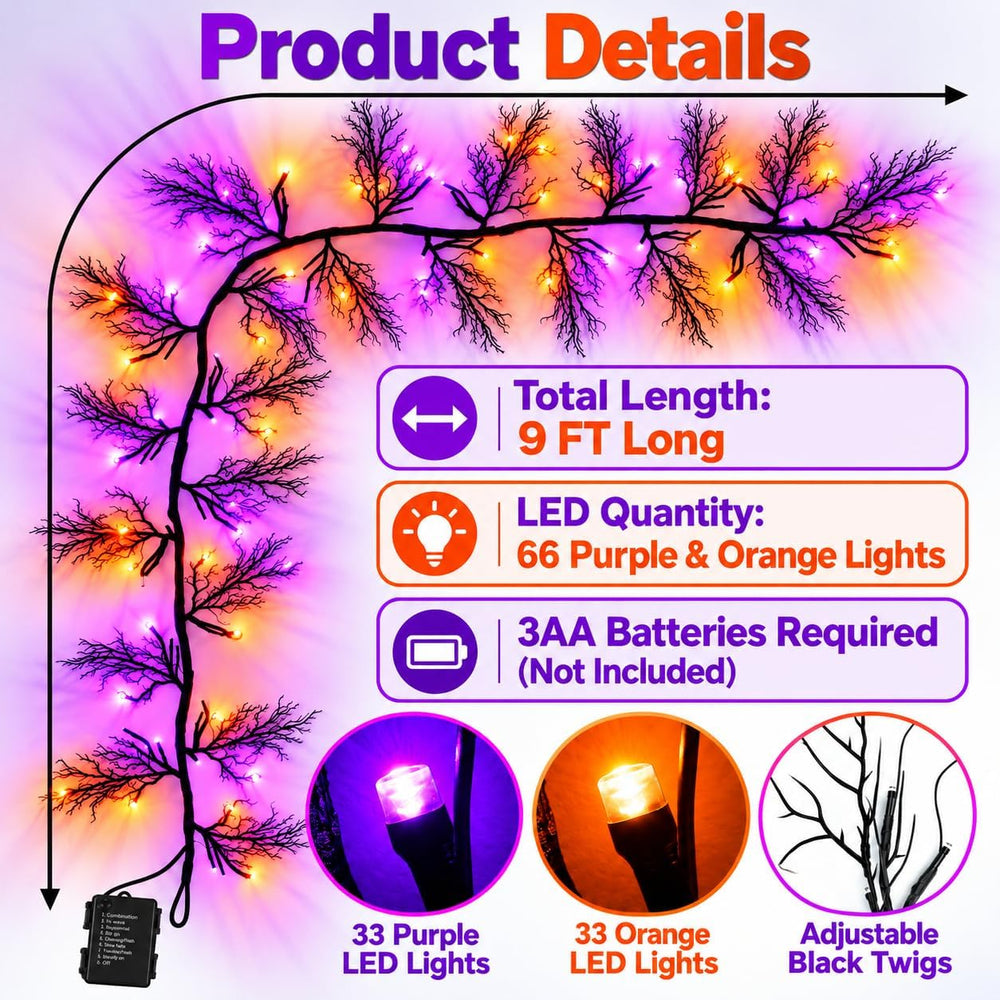 9Ft Lighted Halloween Garland Decorations Indoor, 66 LED Orange & Purple ...