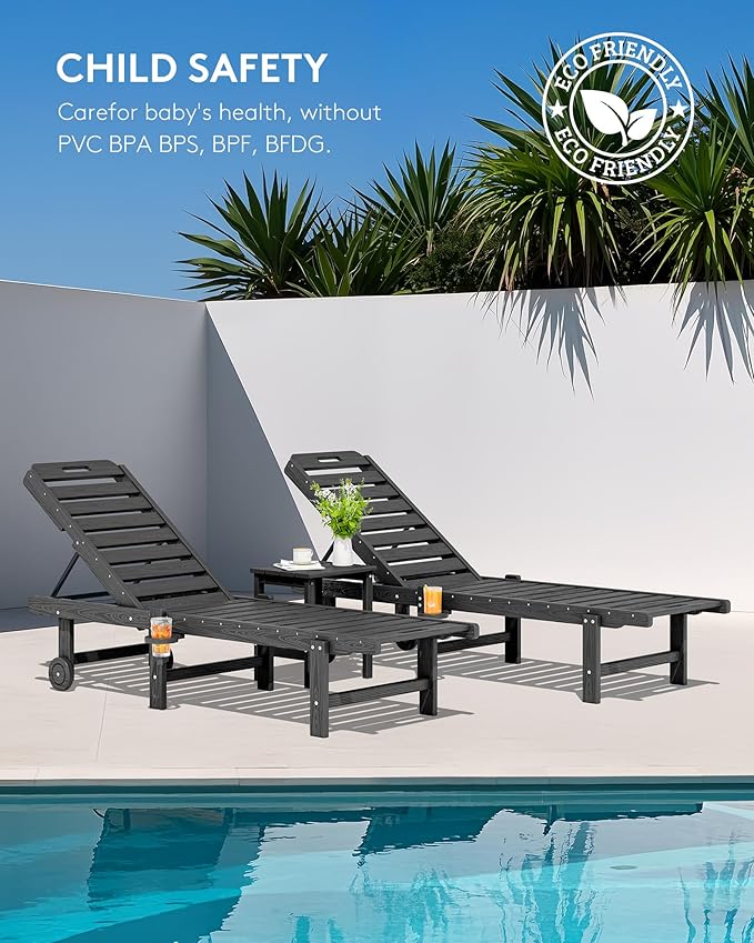 SERWALL Outdoor Chaise Lounge Chair, HDPE Patio Lounge Chair with Cup Holder,...