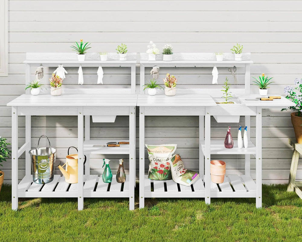 SERWALL Outdoor Potting Bench with Removable Sink,Gardening Table,White