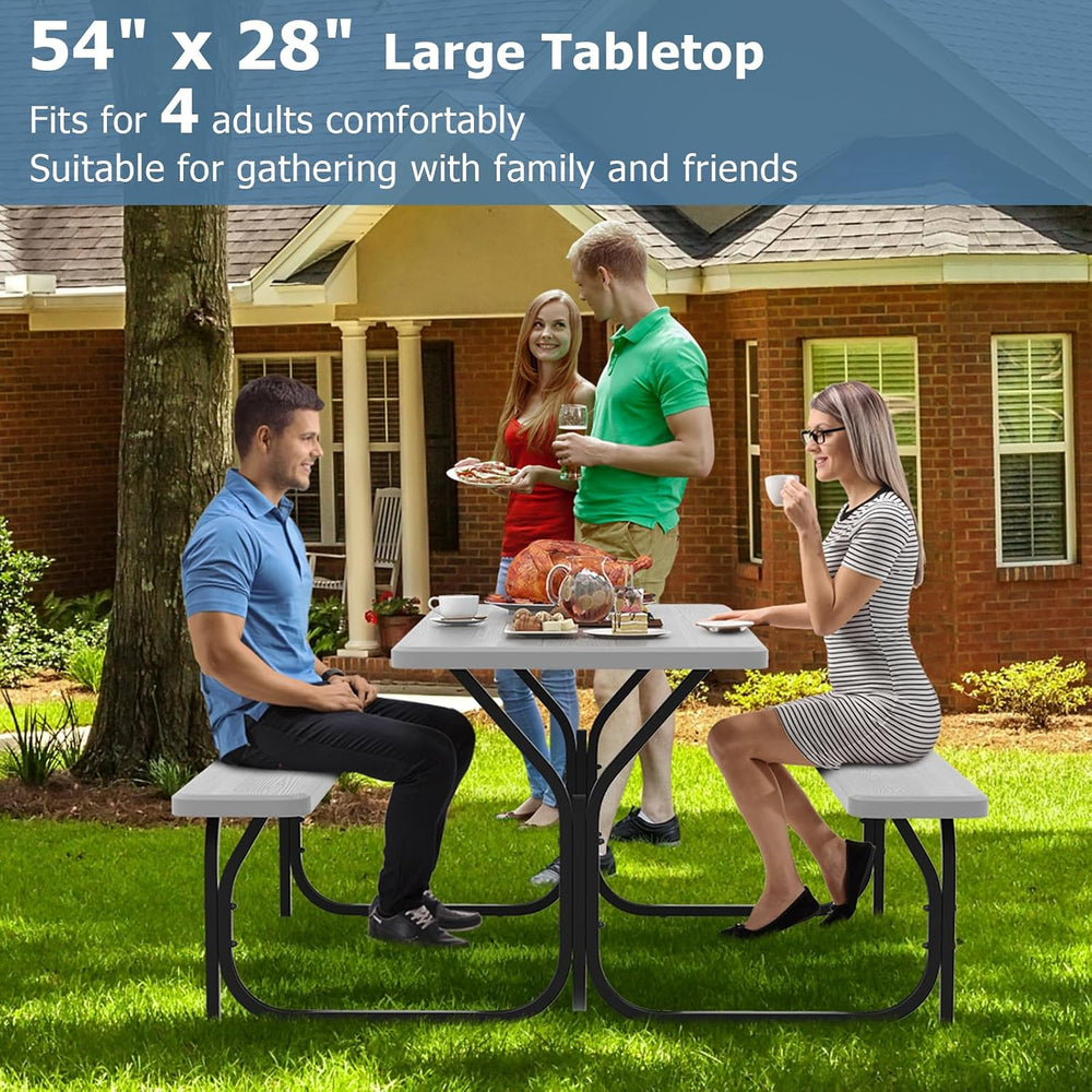 GYMAX Picnic Table, Picnic Bench Easy to Assemble w/All Weather Wood Grain Ta...