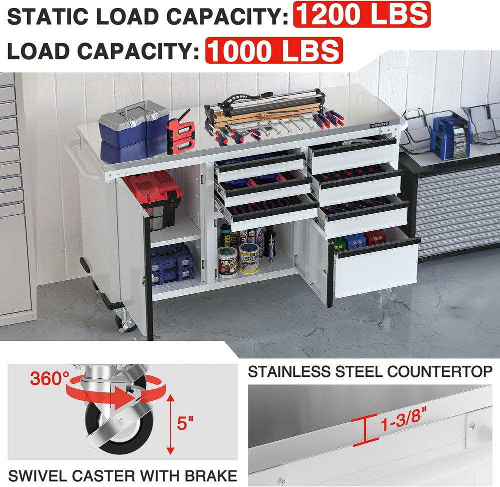 WORKPRO 62" x 20" 7-Drawer & 2-Door Rolling Tool Chest with Sta...