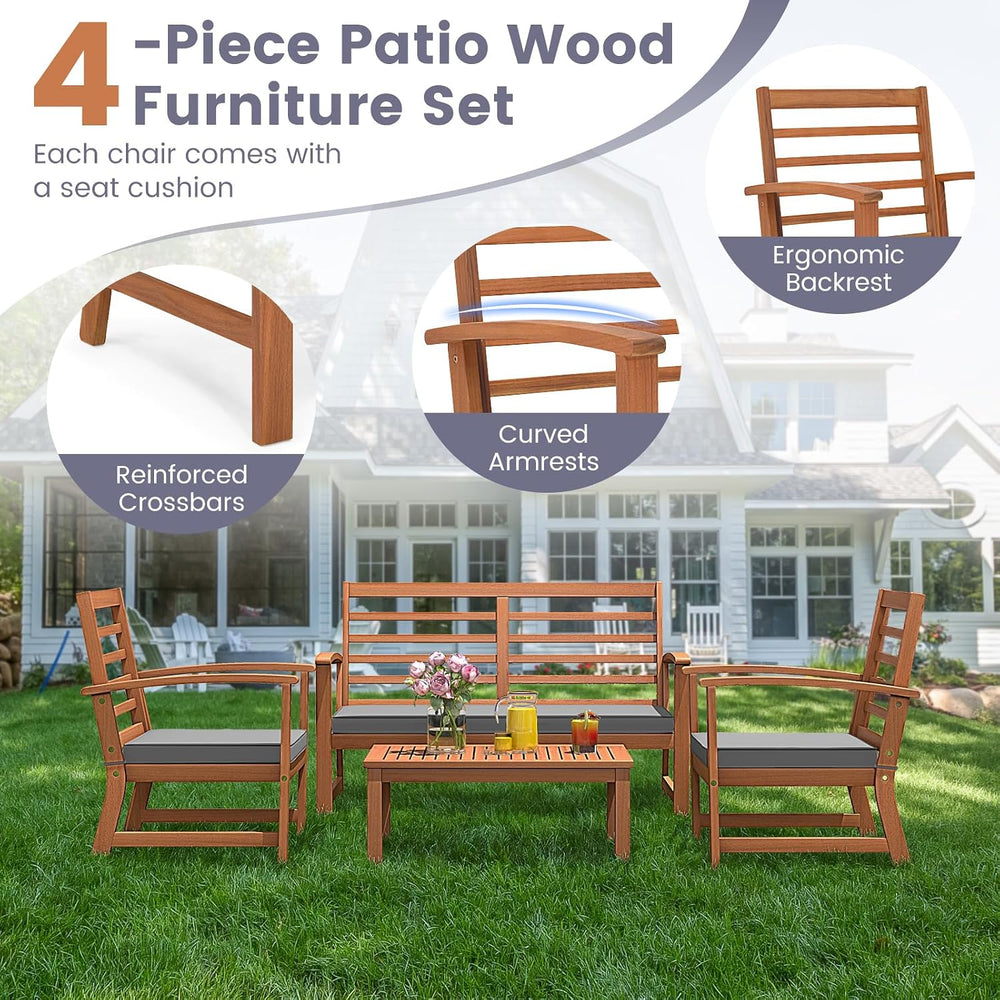 Tangkula 4 Pieces Outdoor Furniture Set, Acacia Wood Conversation Set w/Soft ...