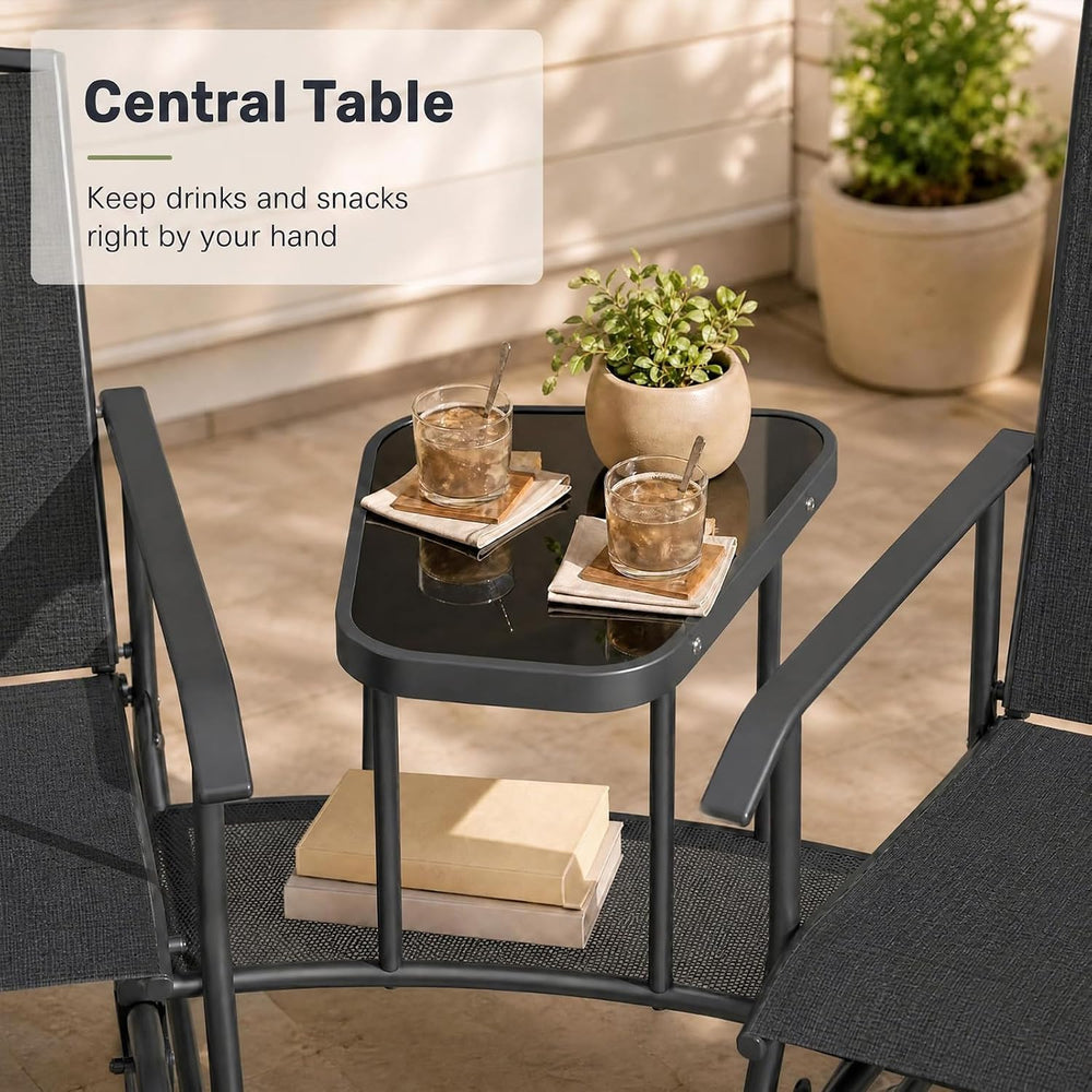 GIANTEX Outdoor Glider Chairs with 2-Tier Center Table, 2-Person Loveseat