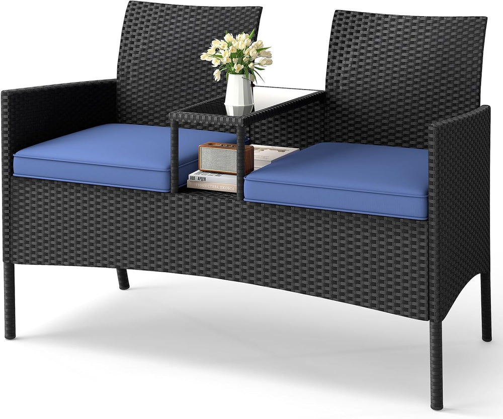 Tangkula Patio Loveseat with Built-in Table, Wicker 2-Seat Furniture with Sof...