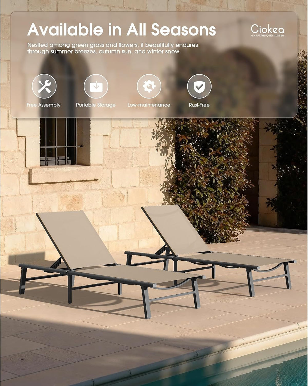 Foldable Outdoor Lounge Chair, No Assembly Patio Chaise Lounge Outdoor with 5...