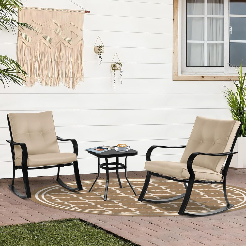 3-Piece Outdoor Rocking Chairs Bistro Sets Patio Furniture Set, Glass-Top Cof...