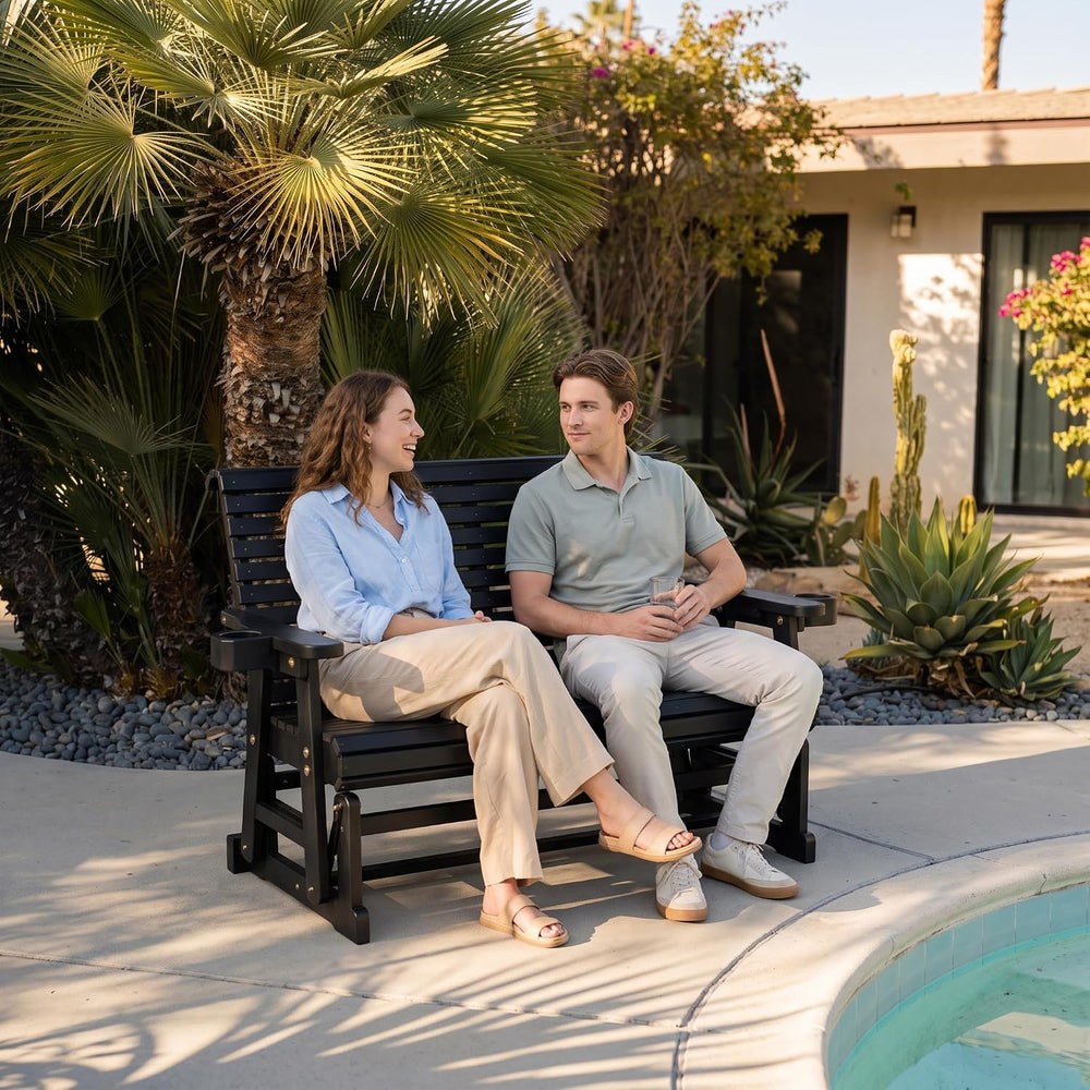 Fortune Candy Patio Glider with Cup Holders, Matte Black, 2-Seater