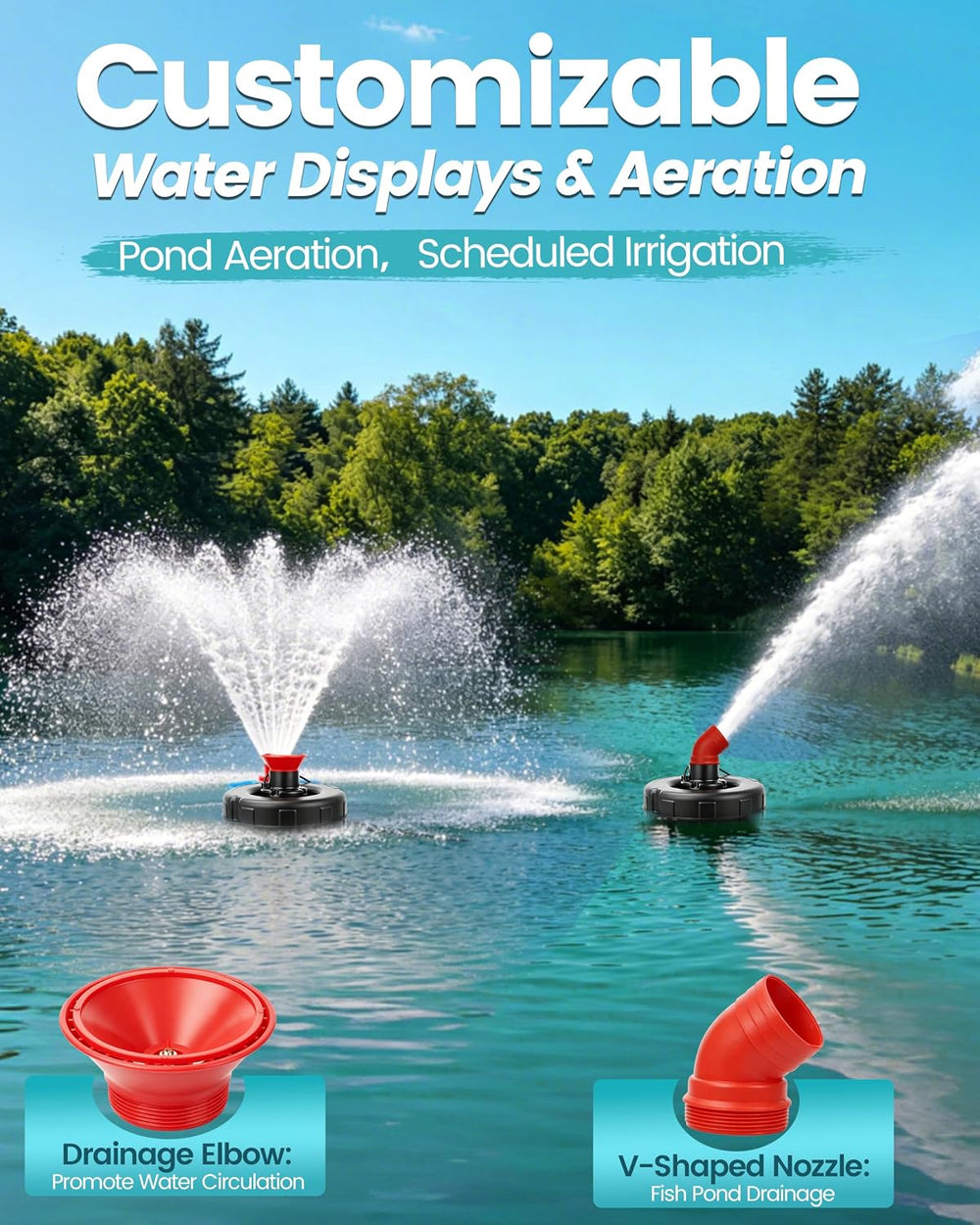 1HP Floating Pond Fountain Aerator, 15000GPH, 110V, Red | 304 Stainless Steel...