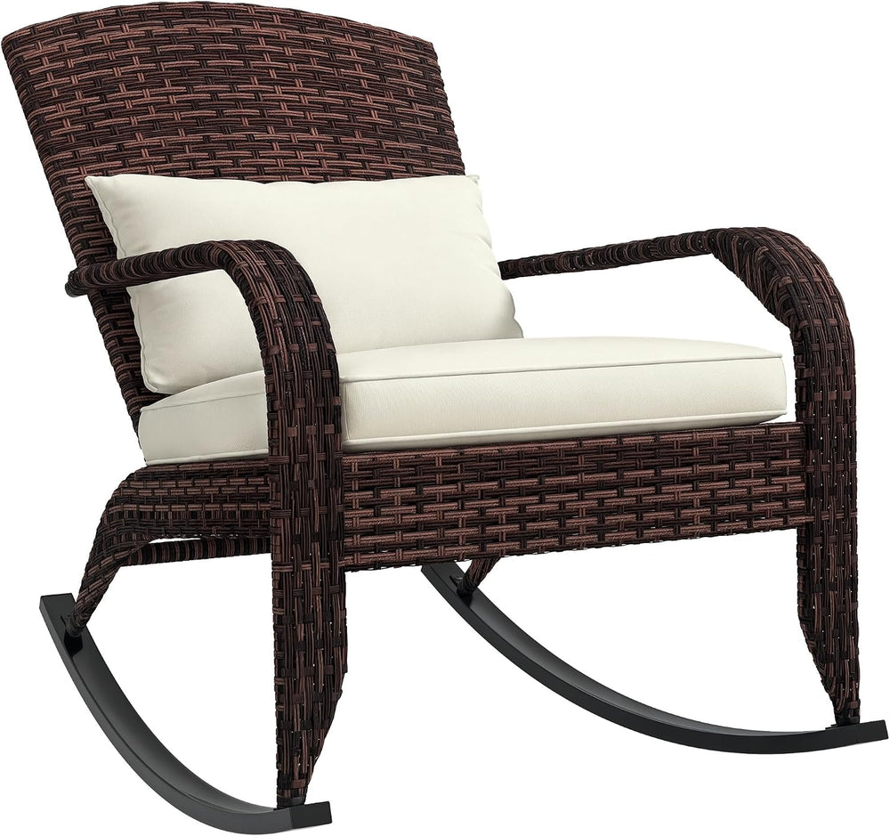 Outsunny Outdoor Wicker Adirondack Rocking Chair, Cream White & Mixed Brown