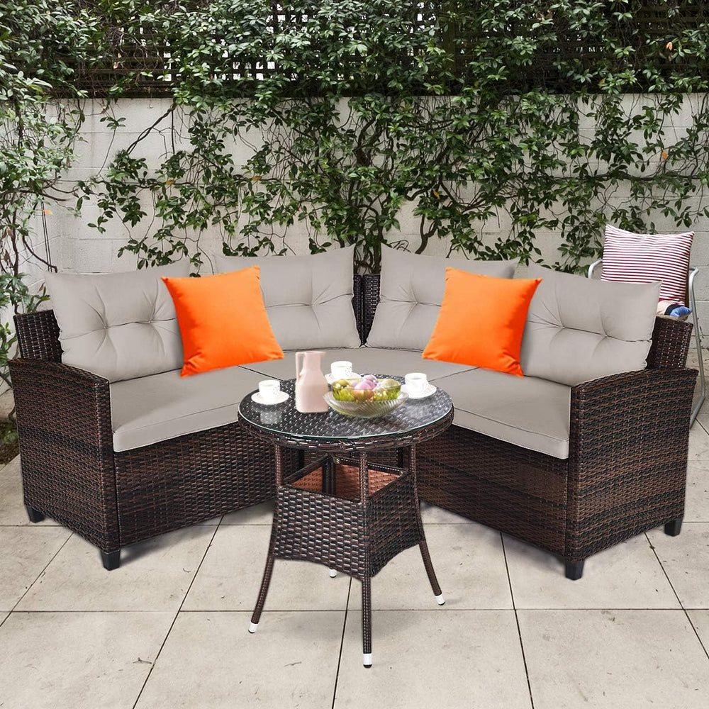 HAPPYGRILL 4 Pieces Patio Furniture Set Outdoor Rattan Wicker Conversation Se...