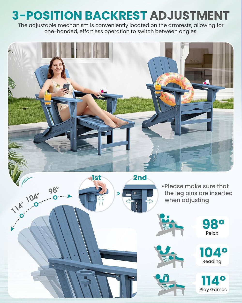 SERWALL HDPE Folding Adjustable Adirondack Chair with Footrest, Blue