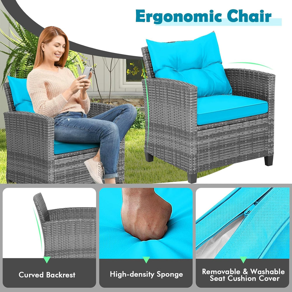 Tangkula 3 Pieces Patio Furniture Set, Outdoor PE Rattan Conversation Chair S...