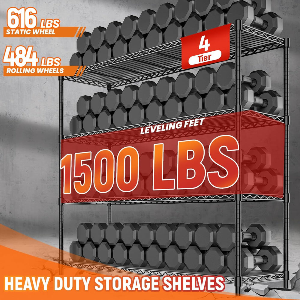 48" W Storage Shelves 1500LBS Metal Shelving Unit with Wheels, Adjustabl...