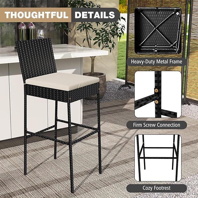 HAPPYGRILL Wicker Patio Barstools Set of 4, Outdoor Rattan Bar Chairs with Fo...