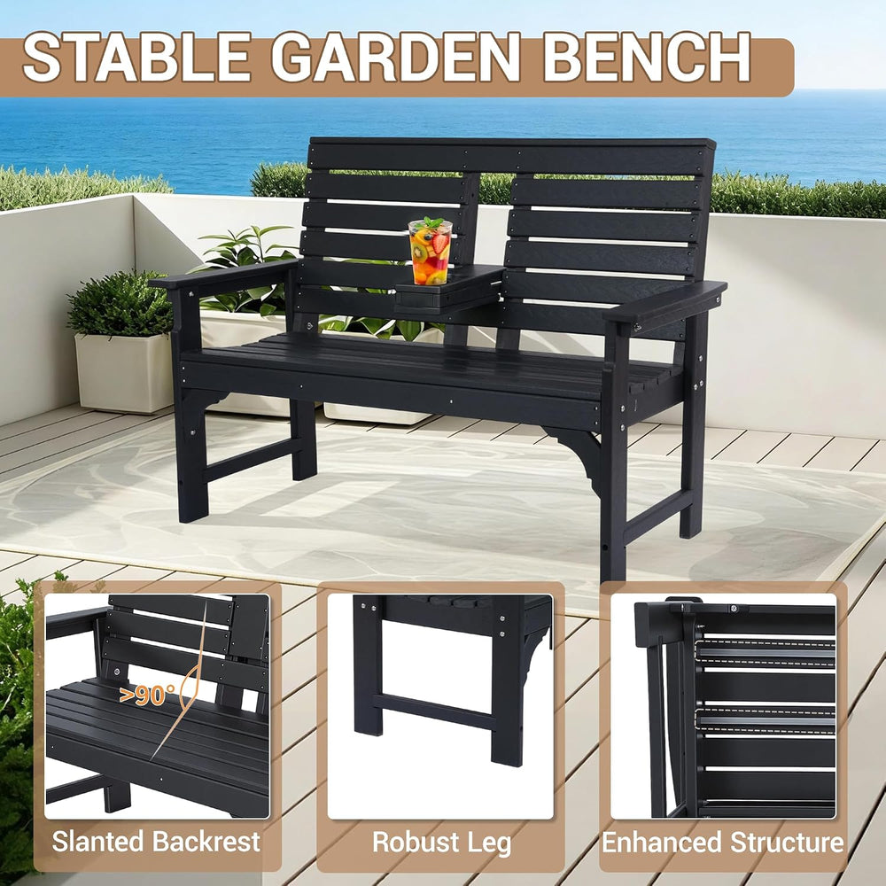 Outdoor Bench with Cup Holders, HDPE 2-Person Weatherproof Patio Benches, Fad...