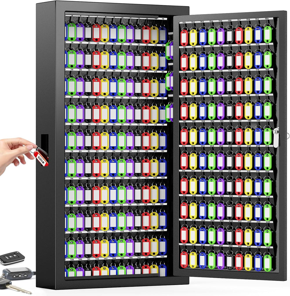 250 Keys Key Lock Box Wall Mount with Additional 24 Side Hooks and Key Tags