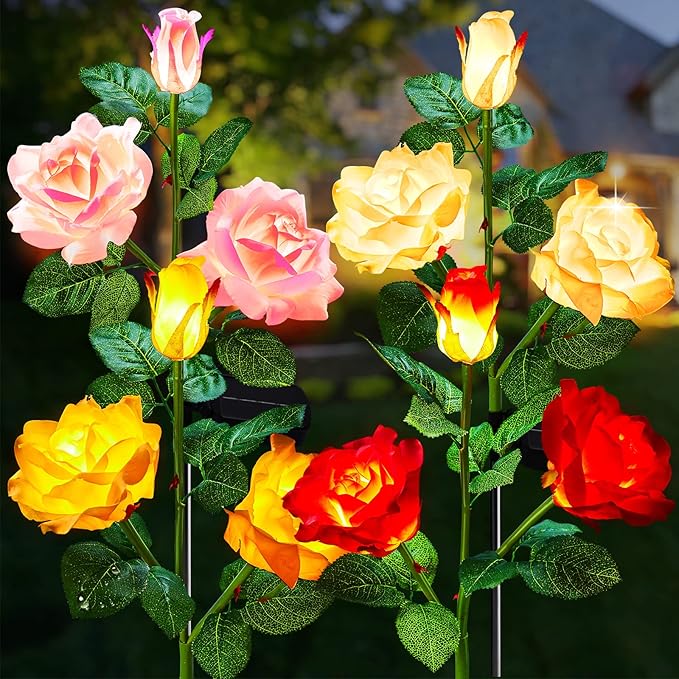 Brightown Outdoor Solar Garden Lights - 4 Pack LED Flower Lights with Realist...