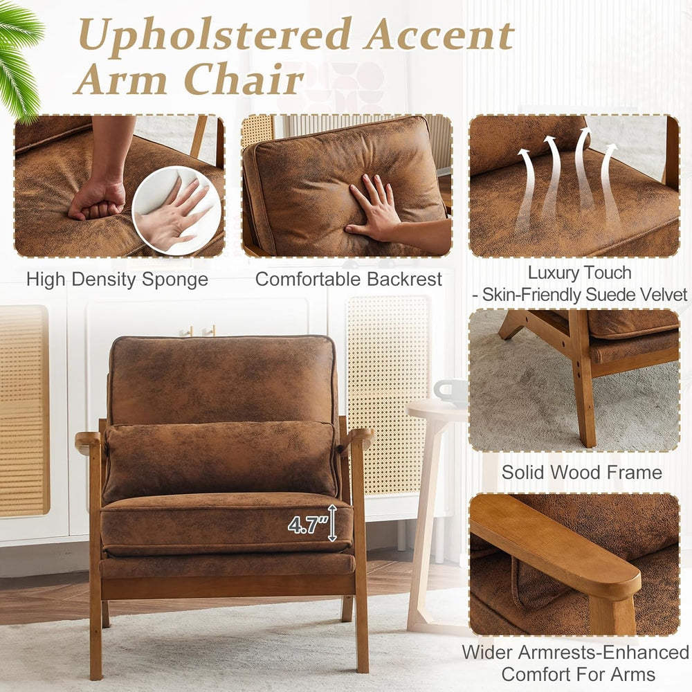 VINGLI Solid Wood Wide Armrests Accent Chair,Upholstered Mid Century Modern C...