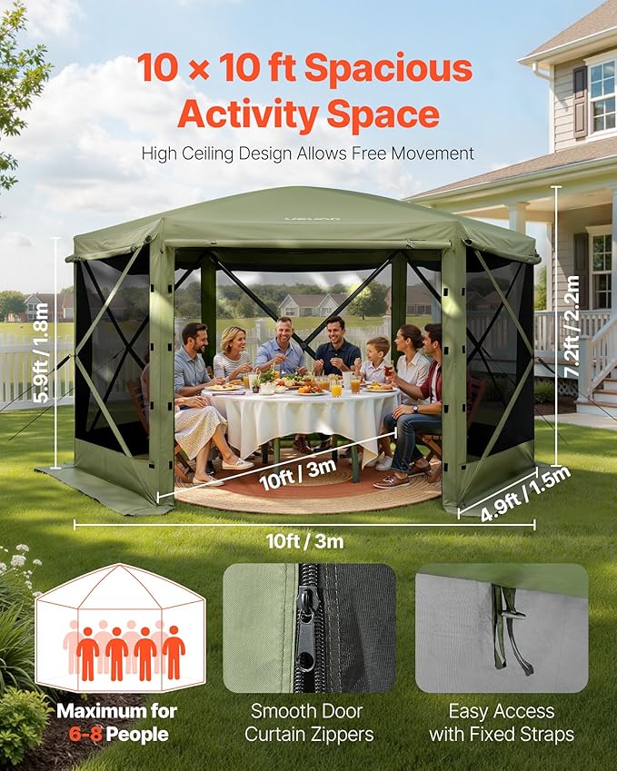 VEVOR Pop up Gazebo Screen Tent, 10 x 10 ft Large 6-Sided Camping Canopy Tent...