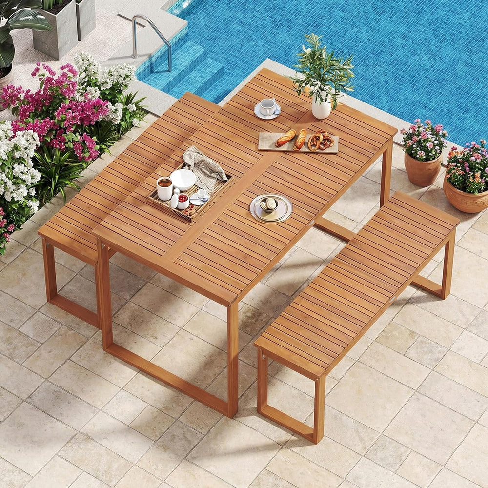 Tangkula Acacia Wood Outdoor Bench Backless Set of 2, 2-Person Wood Patio Ben...