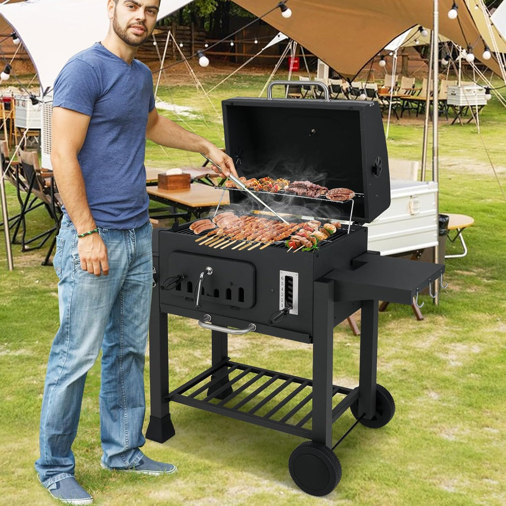 Happygrill Barrel Charcoal Grill with 2 Folding Side Tables & 2 Wheels